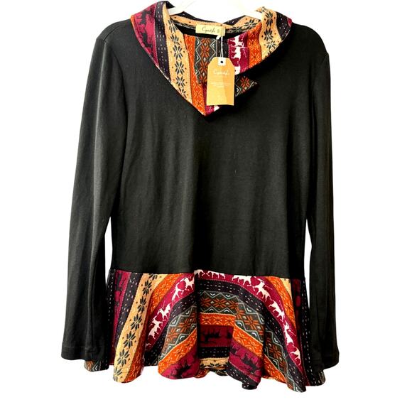 Women's Cyanstyle Size S Small Black Blouse Long Sleeves Tribal Pattern New NWT - Picture 1 of 6